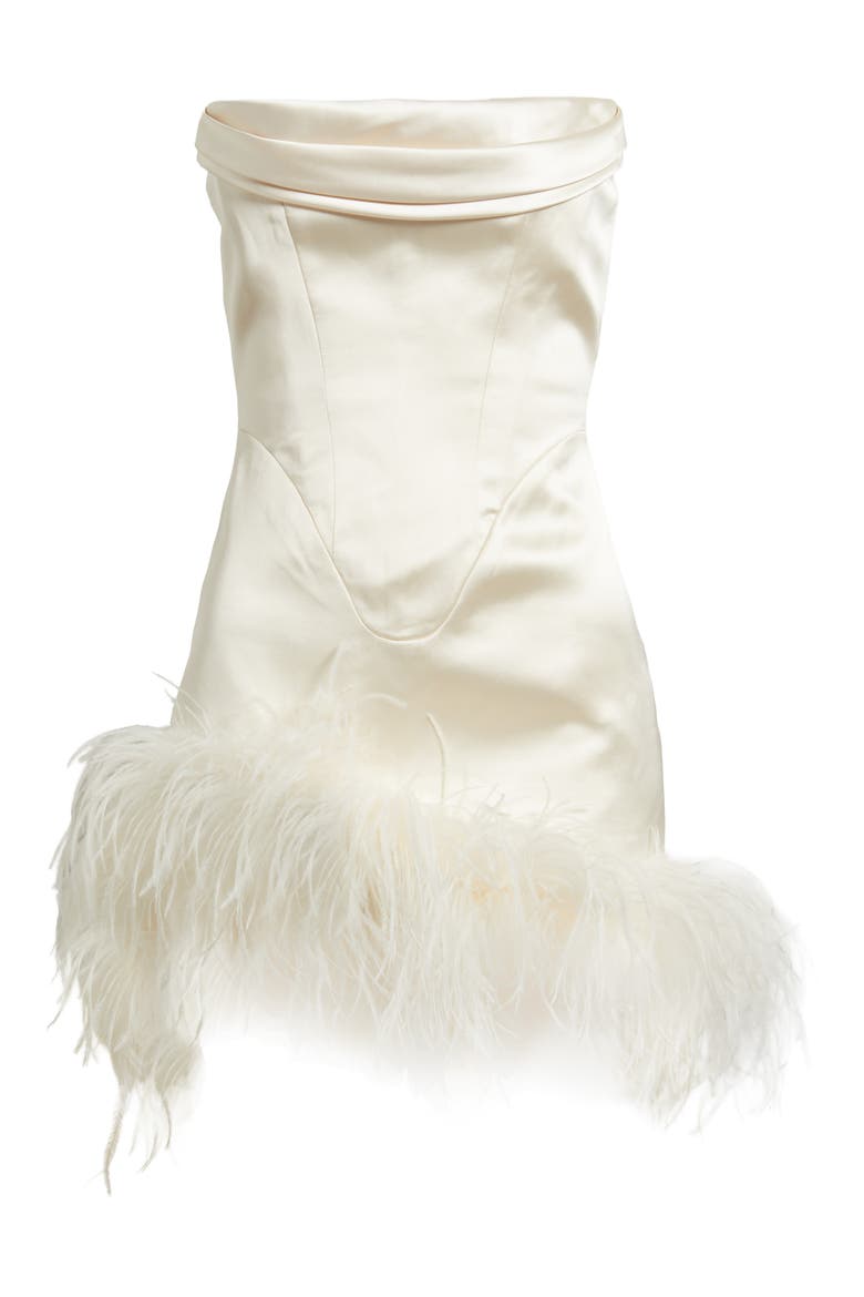 Adrienne Ostrich Feather Hem Strapless Satin Cocktail Minidress, Alternate, color, IVORY