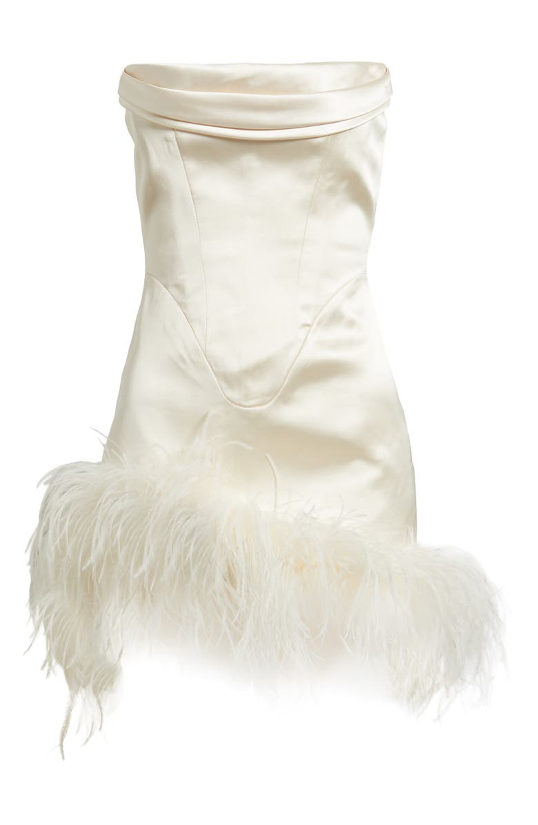 Delfi Collective Adrienne Ostrich Feather Hem Strapless Satin Cocktail Minidress, Alternate, color, Ivory