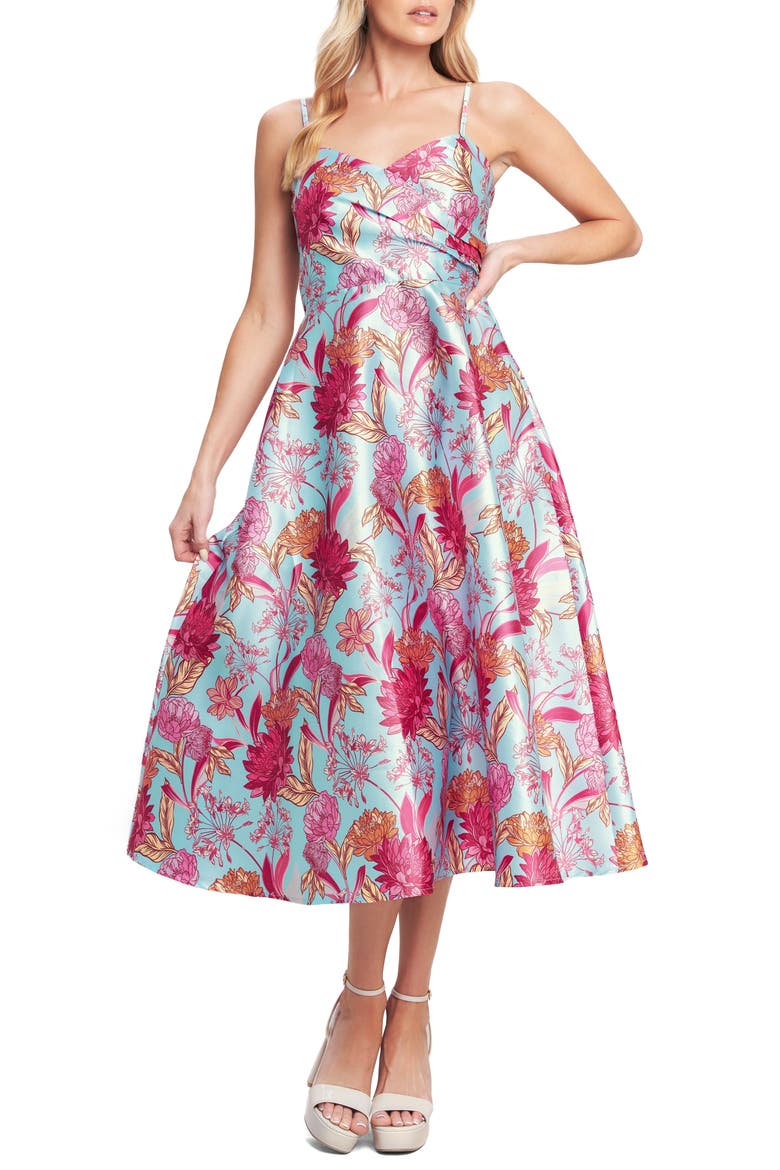 Floral Satin Midi Dress, Main, color, LIGHT BLUE