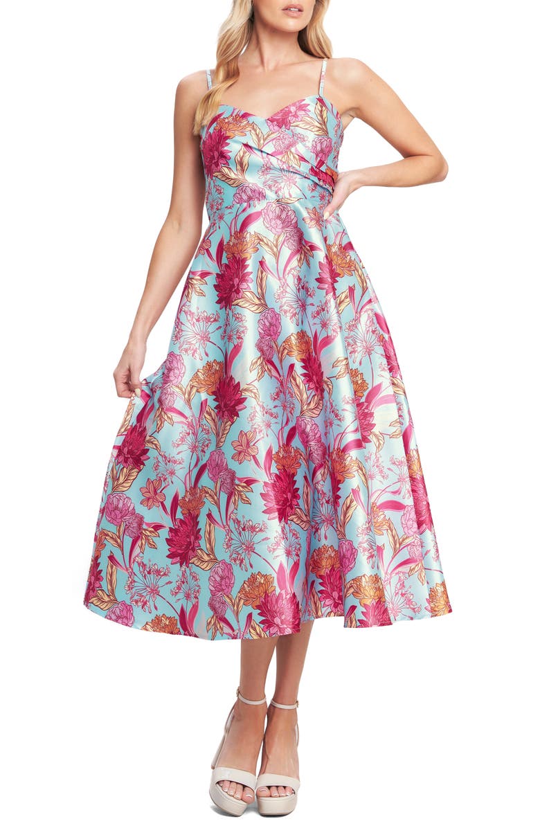 FLYING TOMATO Floral Satin Midi Dress, Main, color, Light Blue
