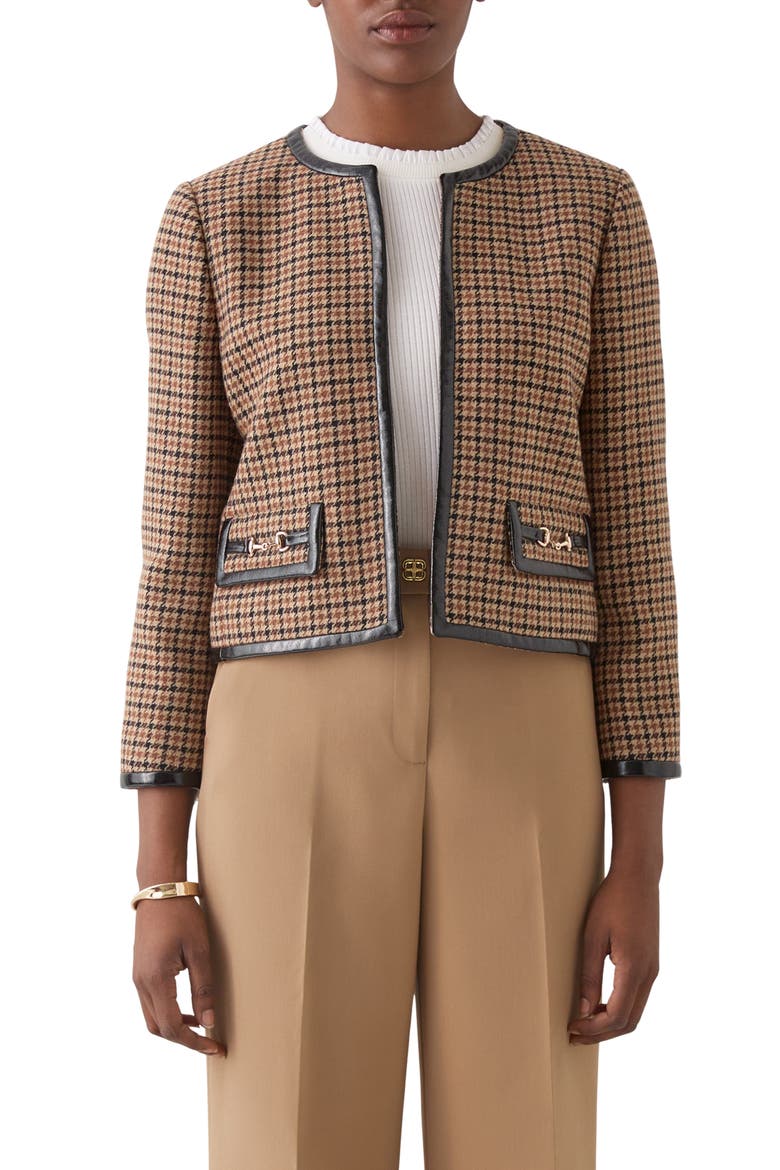 Zisou Houndstooth Crop Jacket, Main, color, BROWN