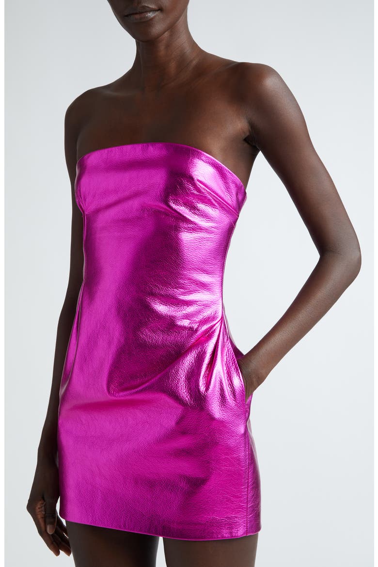 Strapless Metallic Leather Minidress, Alternate, color, FUCHSIA