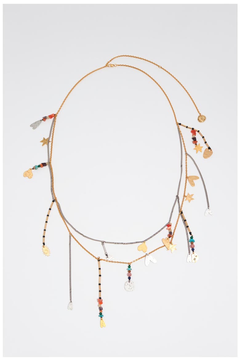 Belt necklace with metal silhouettes multicolor stones, Main, color, GOLD