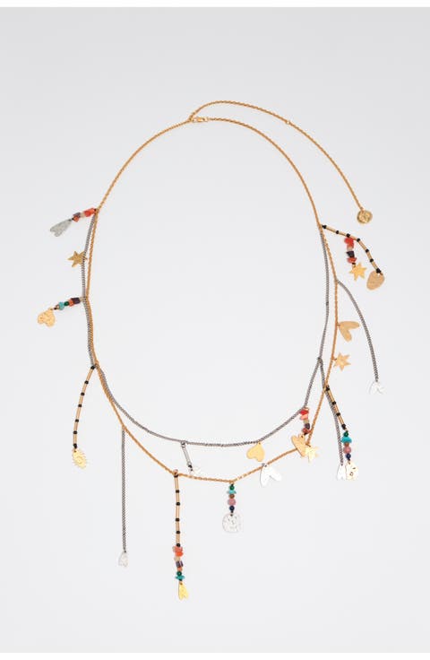 Belt necklace with metal silhouettes multicolor stones