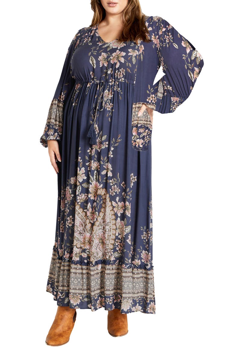 Faith Long Sleeve Maxi Dress, Main, color, NAVY PAISLEY