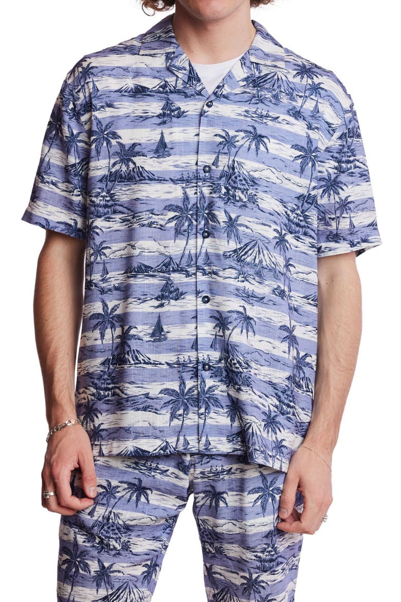 Island Print Camp Shirt, Main, color, INDIGO PALMS STRIPE