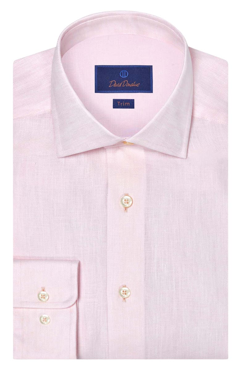 David Donahue Trim Fit Herringbone Linen Dress Shirt, Main, color, Pink