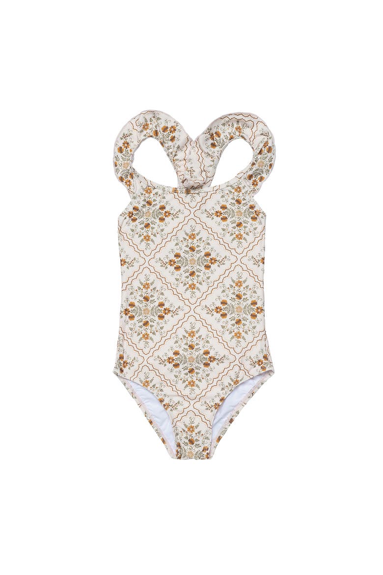 Love Notes Square Neck Ruffle One Piece Swimsuit, Main, color, Cream-Brown