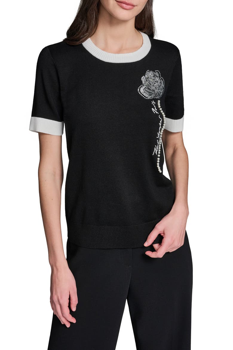 Beaded Rose & Faux Pearl Detail Short Sleeve Sweater, Main, color, BLACK/ SOFT WHITE