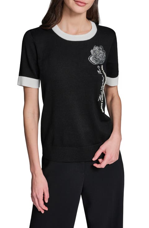 Beaded Rose & Faux Pearl Detail Short Sleeve Sweater
