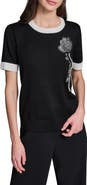 KARL LAGERFELD PARIS Beaded Rose & Faux Pearl Detail Short Sleeve Sweater