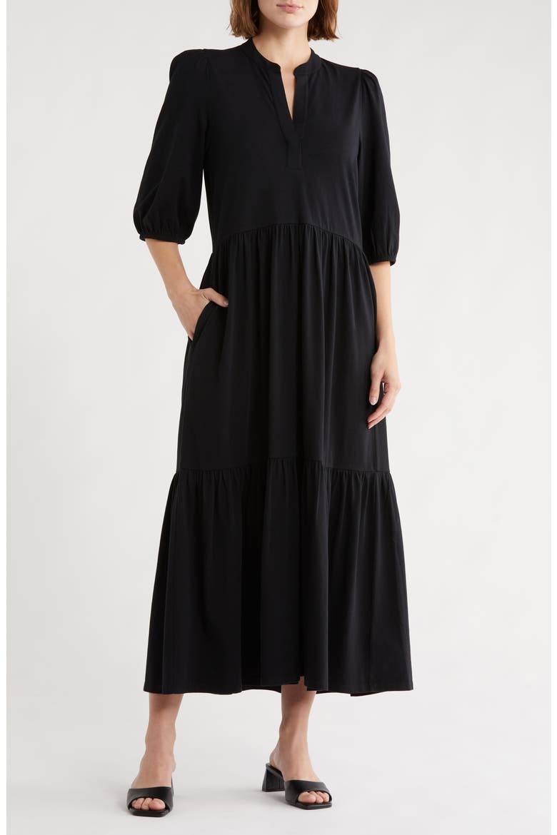 Three-Quarter Sleeve Knit Midi Dress, Main, color, BLACK