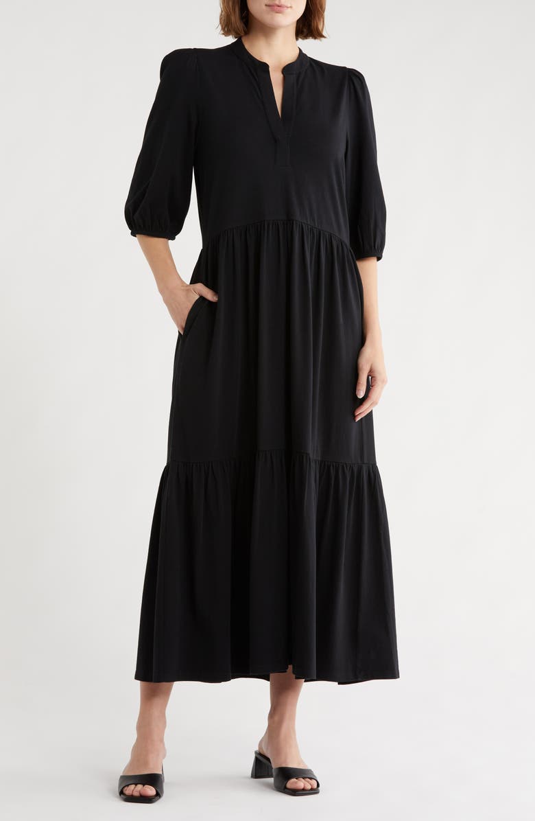 Caslon<sup>®</sup> Three-Quarter Sleeve Knit Midi Dress, Main, color, Black