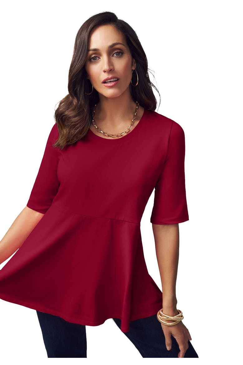 Stretch Cotton Peplum Tunic, Main, color, RICH BURGUNDY