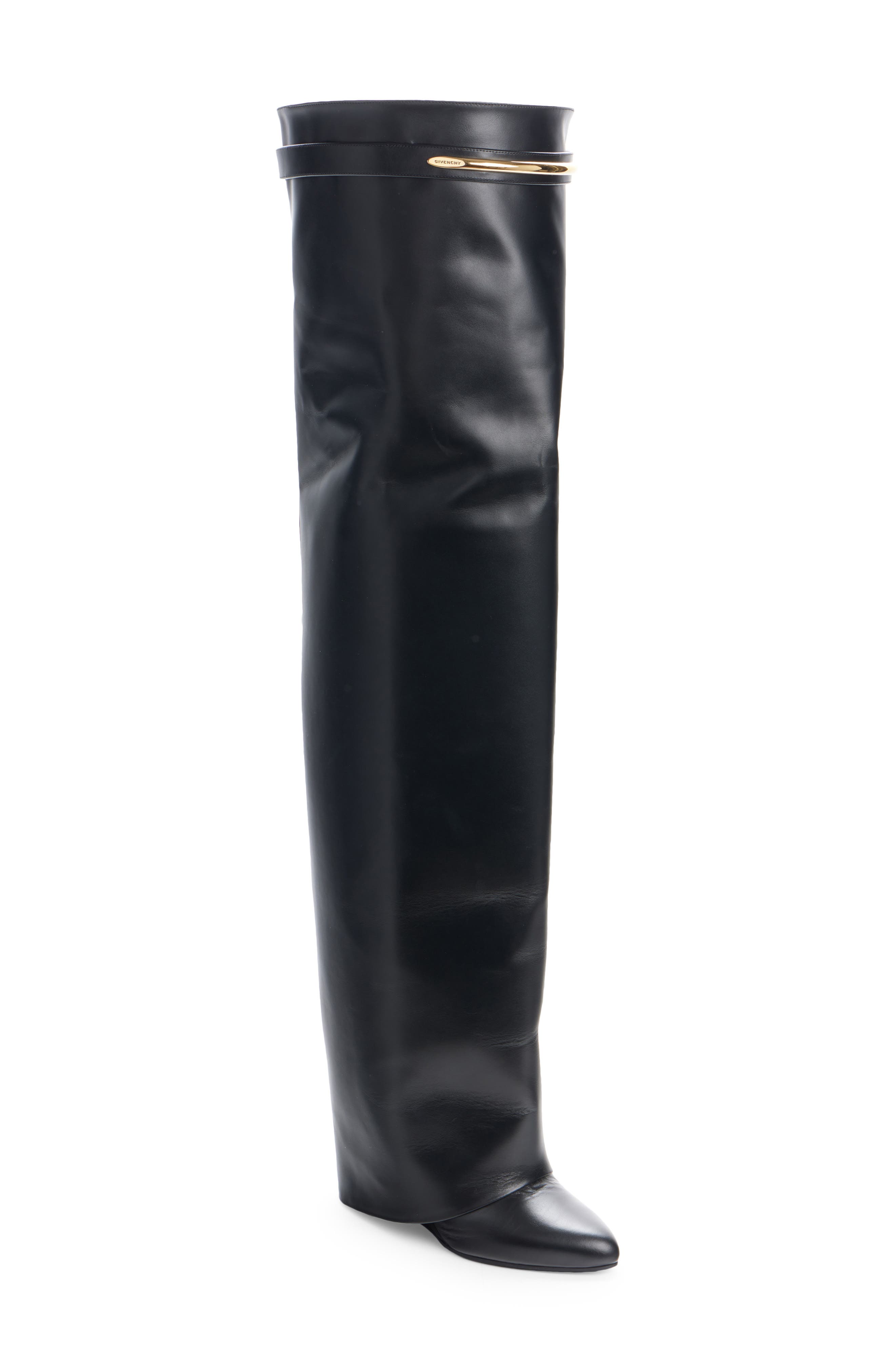 Shark Pinch Leather Over the Knee Boot, Main, color, BLACK/ GOLDEN