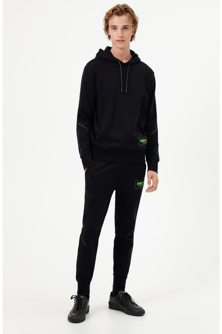 Denry Logo Tape Organic Cotton Graphic Hoodie, Alternate, color, BLACK