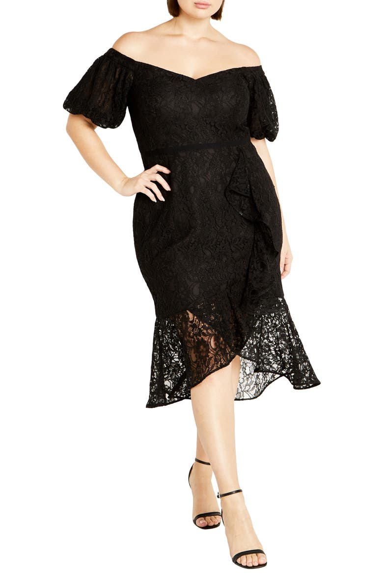 Lily Off the Shoulder Lace Dress, Main, color, BLACK