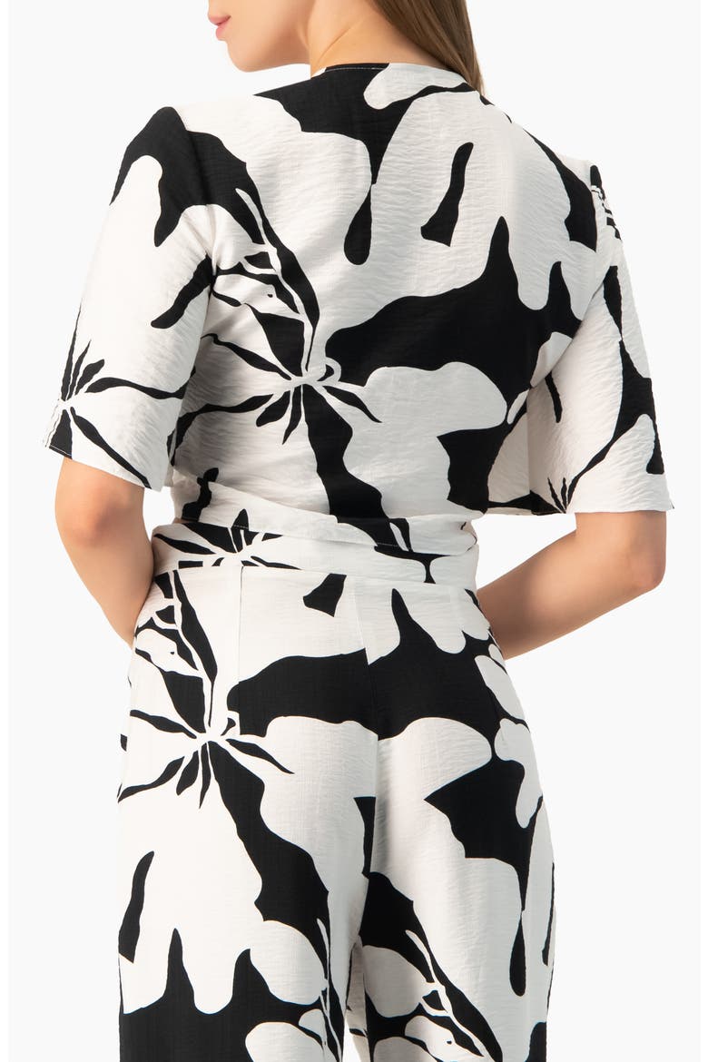 Bold Floral Print Tie-Front Wide-Sleeve Crop Top, Alternate, color, Black