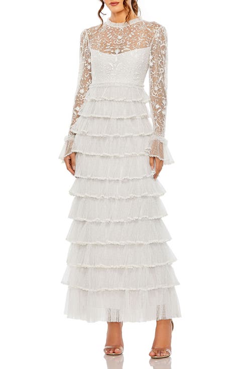 Embroidered Long Sleeve Ruffled Tiered Dress