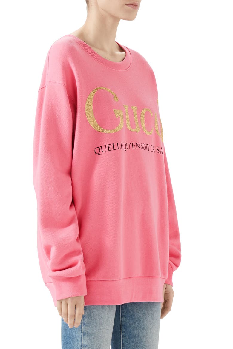 La Saison Glitter Logo Cotton Sweatshirt, Alternate, color, ROSE BUD/ MULT