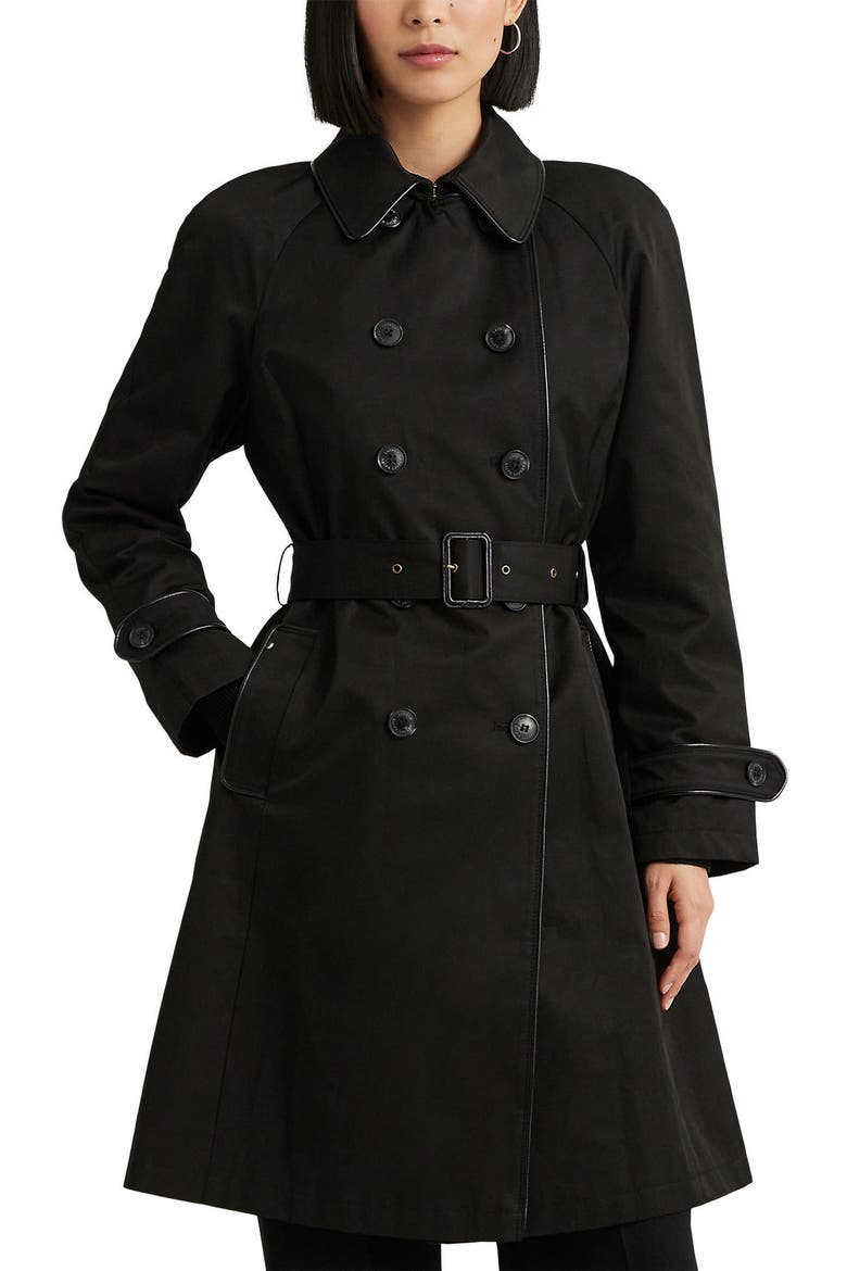 Water Repellent Cotton Blend Belted Trench Coat, Alternate, color, BLACK