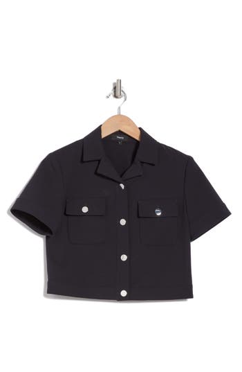 Theory Short Sleeve Crop Shirt Jacket In Dark Navy