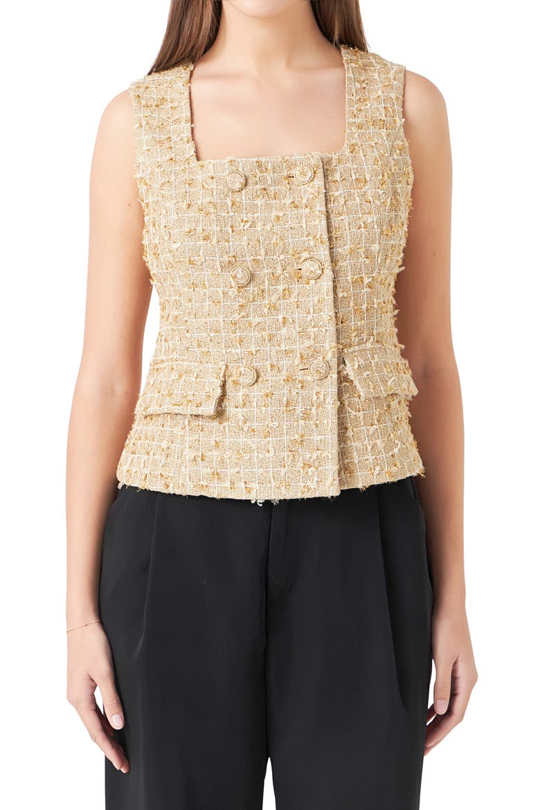 Sleeveless Double Breasted Tweed Top, Main, color, GOLD
