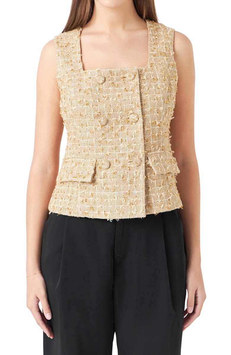 Endless Rose Sleeveless Double Breasted Tweed Top, Main, color, Gold