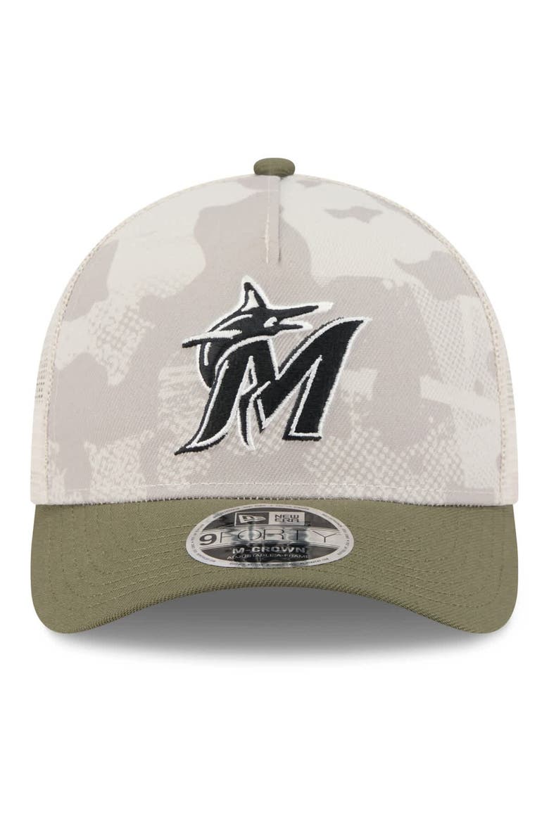 Men's New Era Light Beige/Olive Miami Marlins 2025 Armed Forces Day 9FORTY M-Crown A-Frame Adjustable Hat, Alternate, color, Light Beige