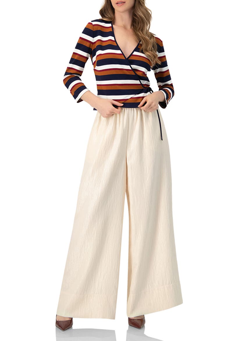 V-Neck Wrap Blouse with Color Block Stripes, Alternate, color, Multi-Brown