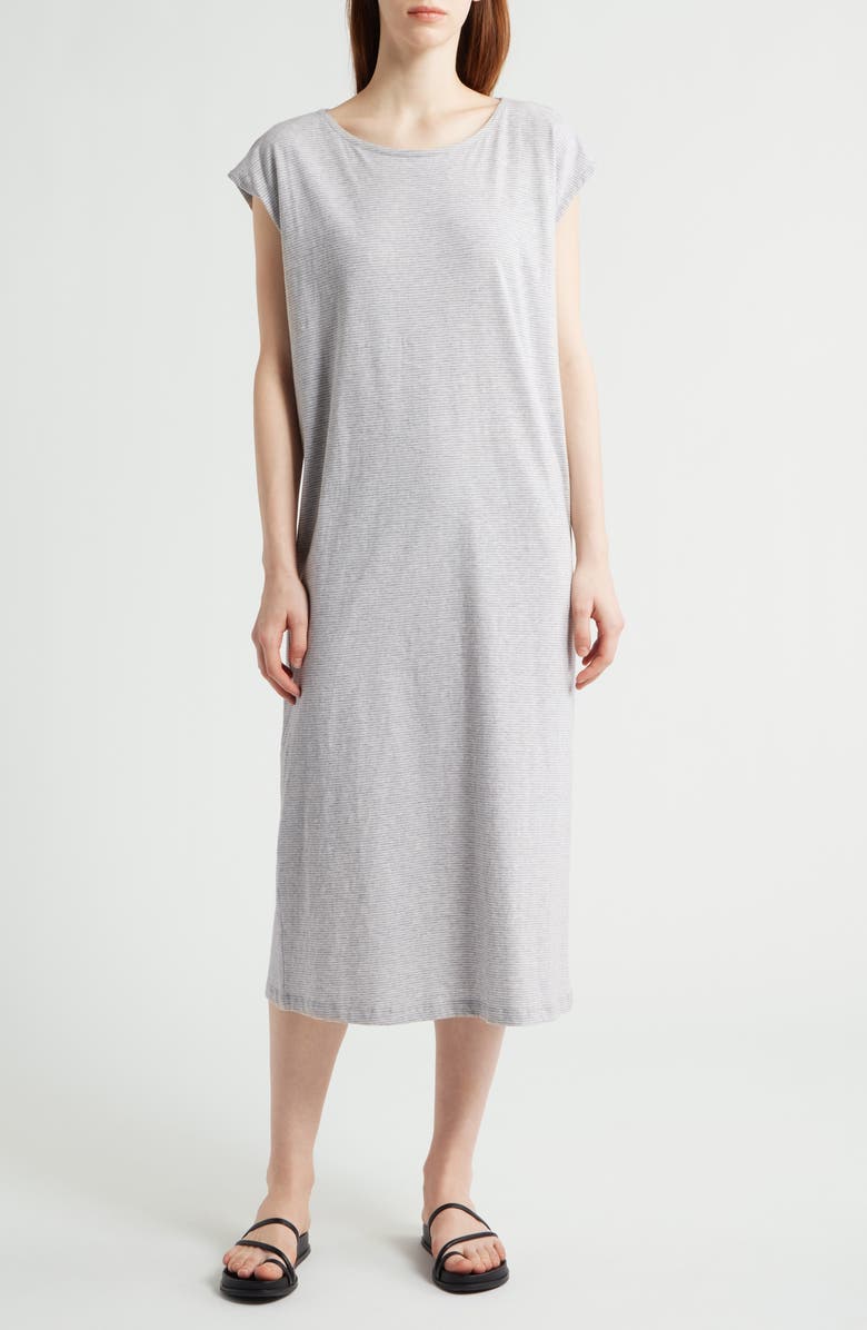 Eileen Fisher Stripe Cap Sleeve Organic Cotton Midi Dress, Main, color, Dark Pearl