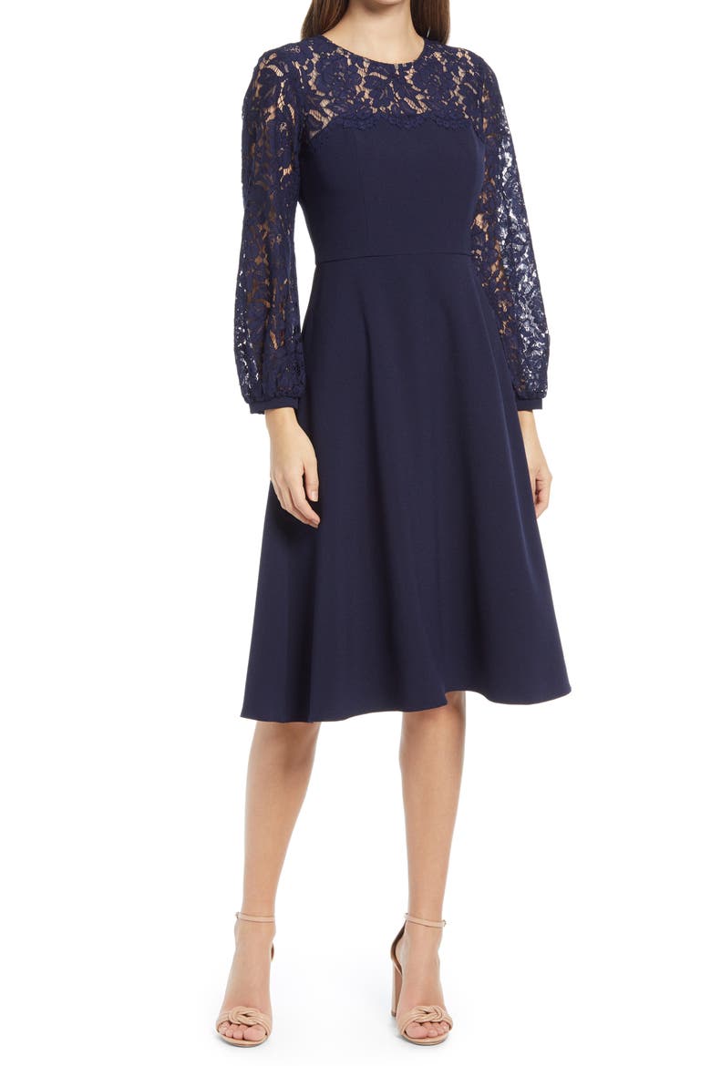 Lace Long Sleeve Midi Dress, Main, color, NAVY