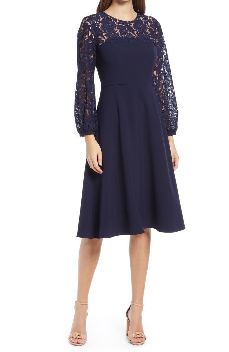 Eliza J Lace Long Sleeve Midi Dress, Main, color, Navy