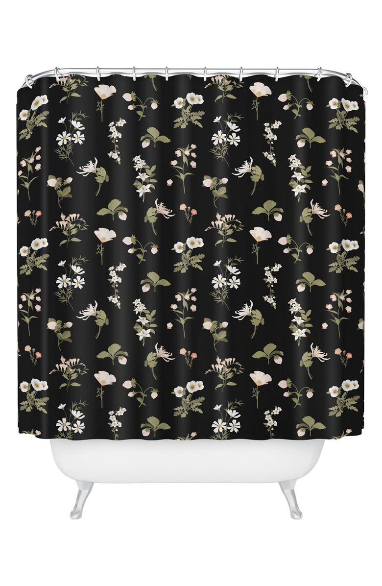 Deny Designs Pineberries Botanical Shower Curtain, Main, color, Black