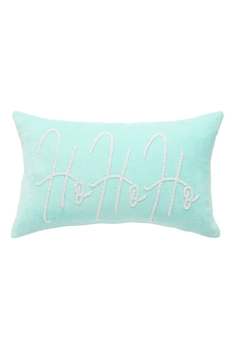 Ho Ho Ho Sky Blue Velvet Beaded Throw Pillow, Main, color, Blue