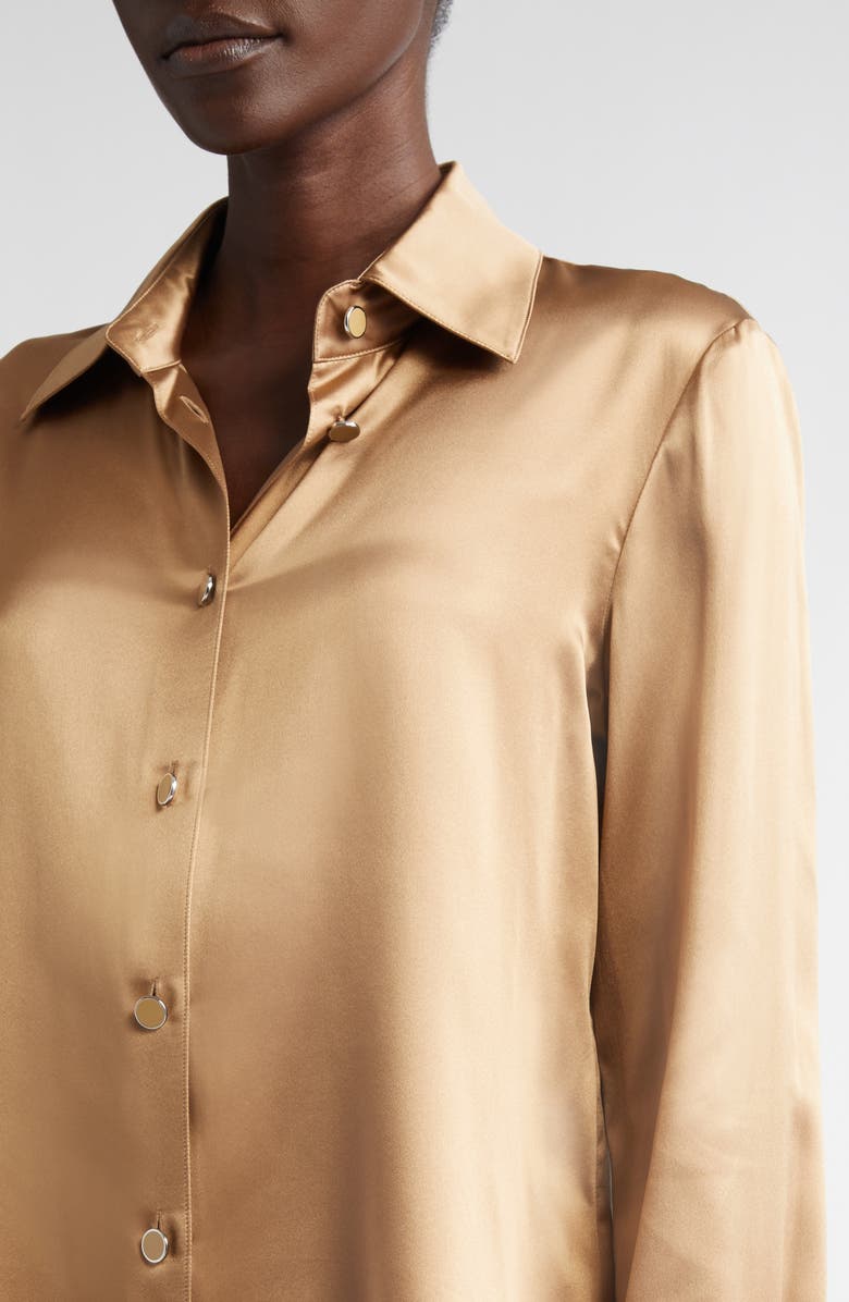 Lafayette 148 New York Silk Charmeuse Button-Up Shirt, Alternate, color, Camel