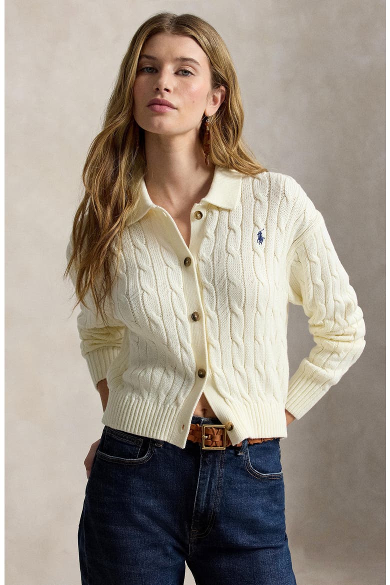 Cable Cotton Polo Collar Cardigan, Alternate, color, CLUBHOUSE CREAM