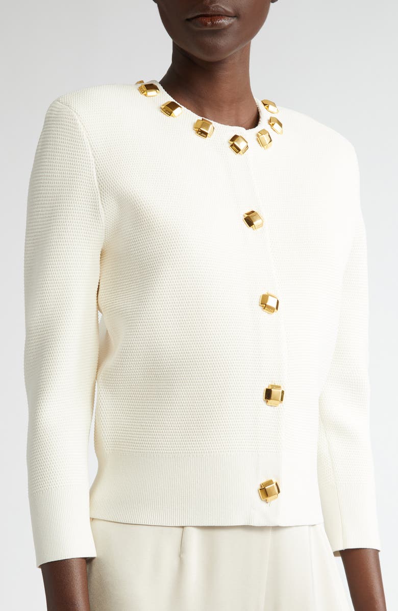 ST. JOHN Studded Piqué Cardigan, Alternate, color, Ecru
