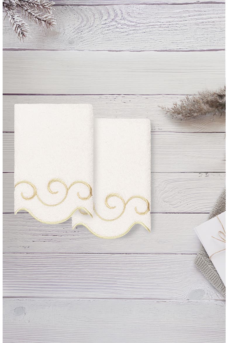 2-Piece Simplicity Embroidered Turkish Cotton Fingertip Towel Set, Alternate, color, WHITE/ BEIGE