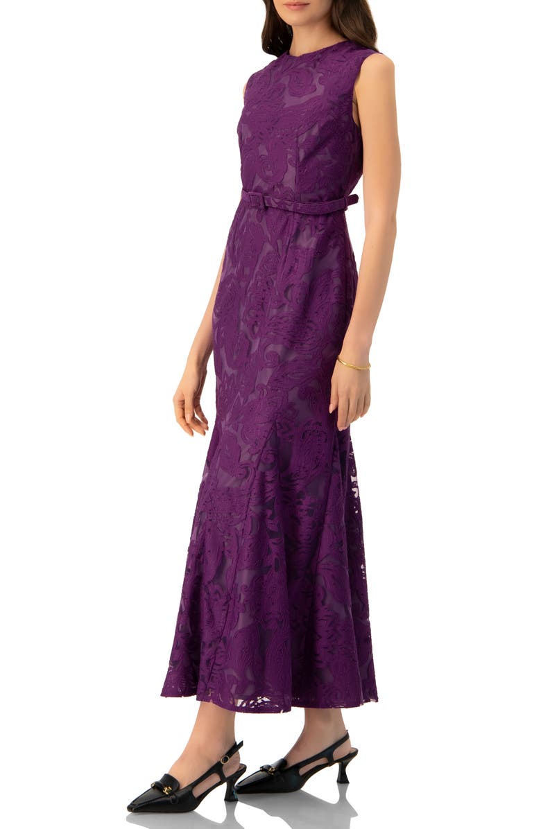 IVONNE Sleeveless Lace Long Dress with Belt, Alternate, color, Purple