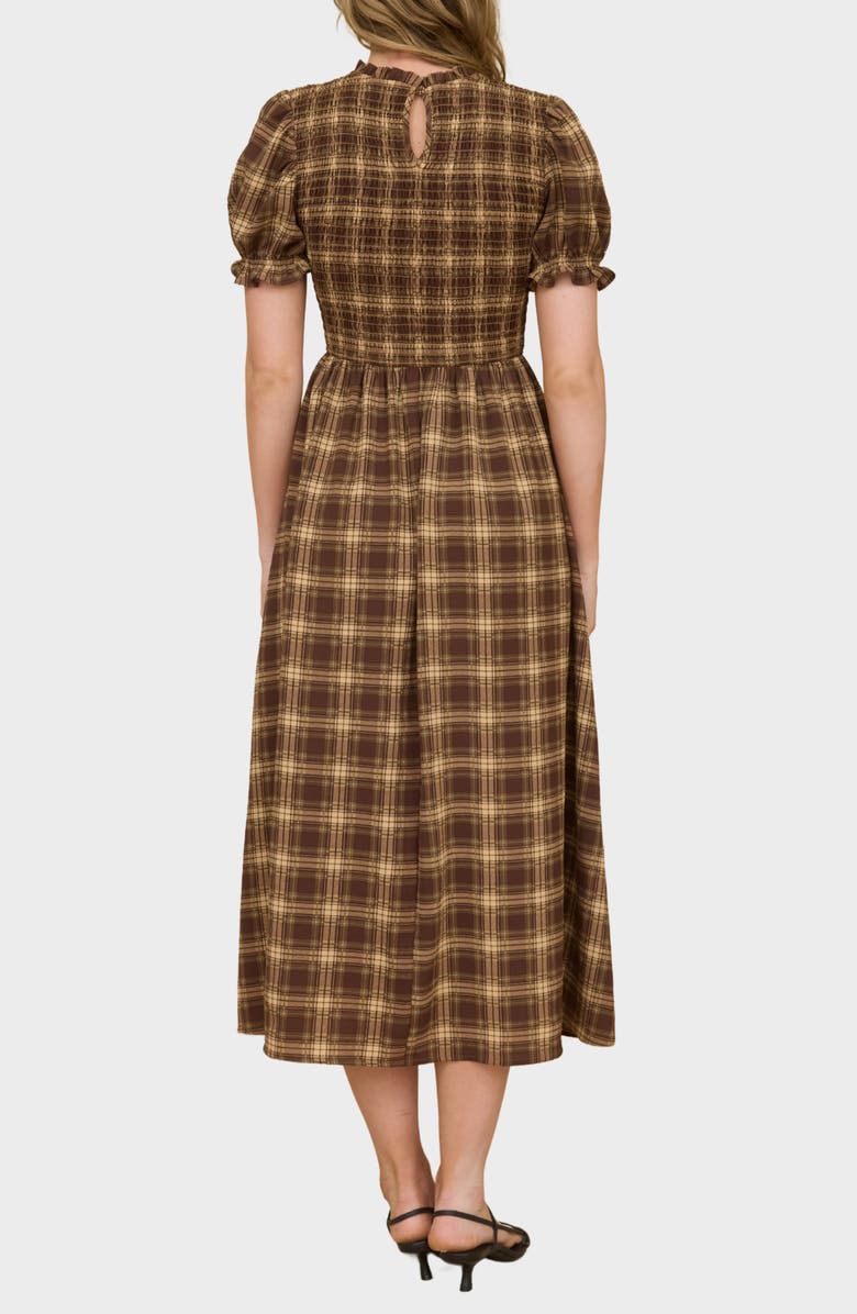 AUGUST SKY Smocked Puff Sleeve Midi Dress, Alternate, color, Brown Multi