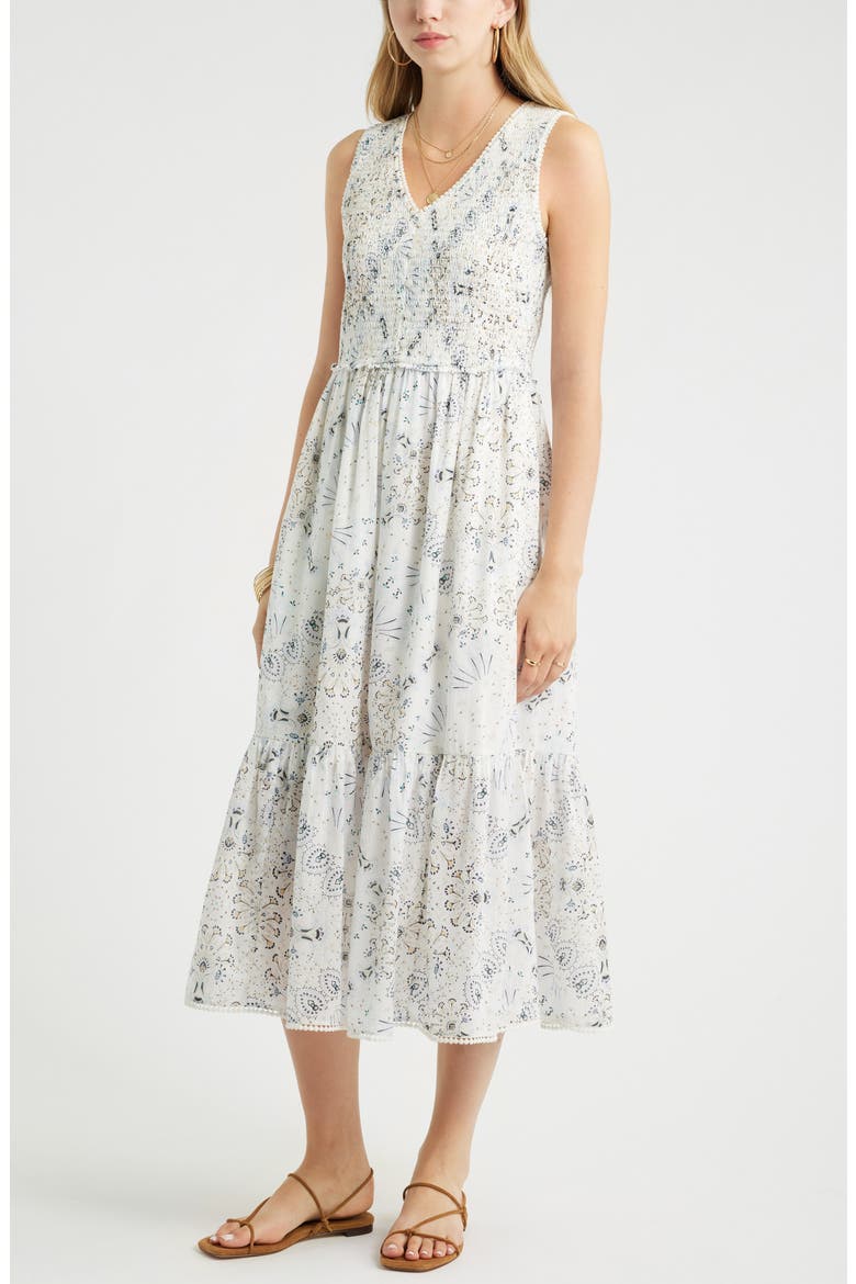 Smocked Tank Midi Dress, Main, color, IVORY- BLUE SCARF FLORAL