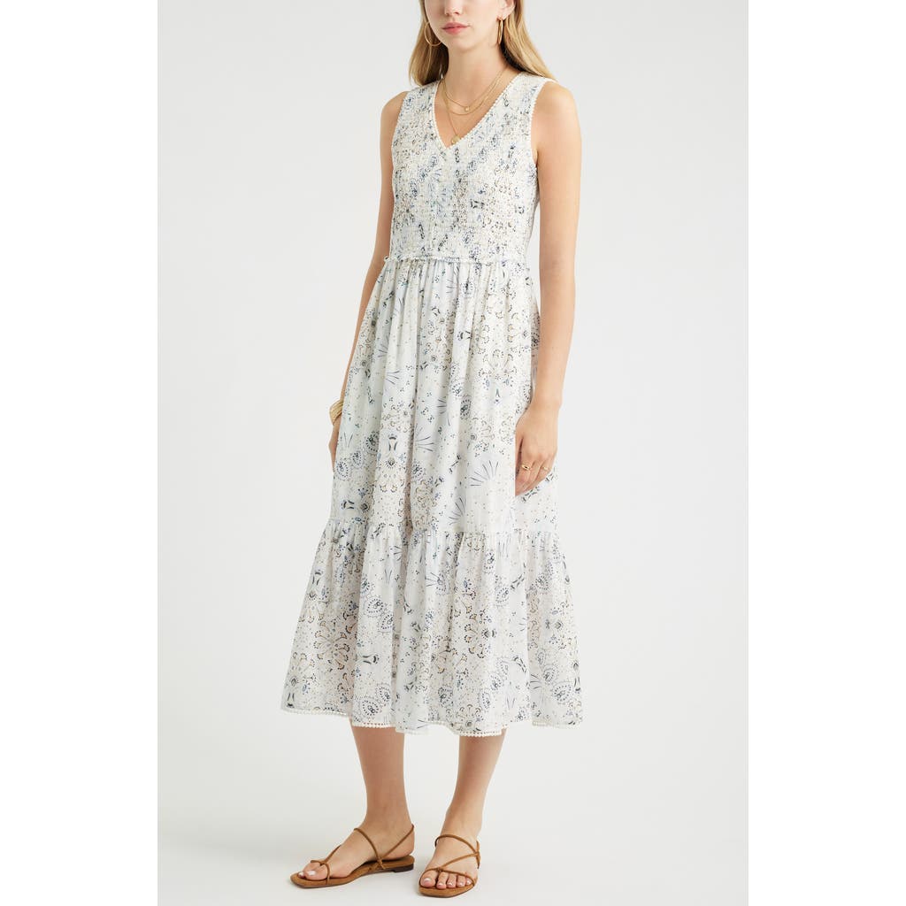 Treasure & Bond Smocked Tank Midi Dress in Ivory- Blue Scarf Floral at Nordstrom, Size Medium