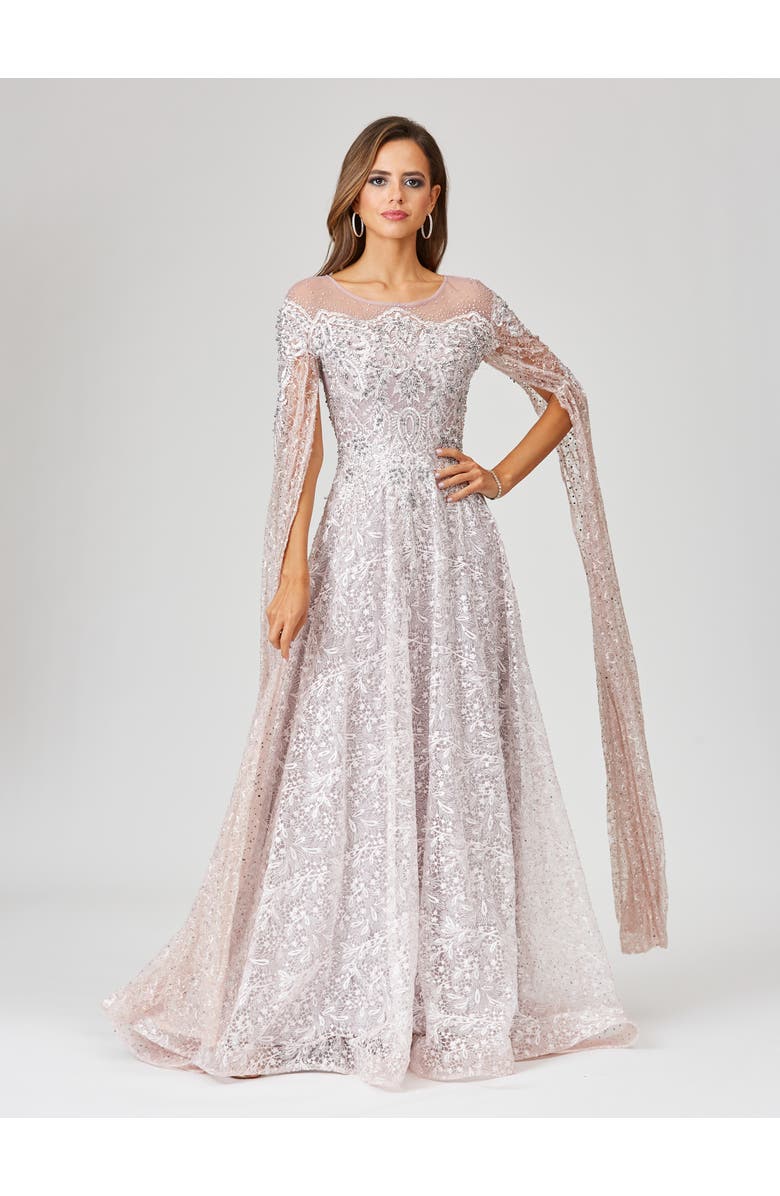 LARA New York Lace Gown with Dramatic Cape Sleeves, Main, color, Powderpink