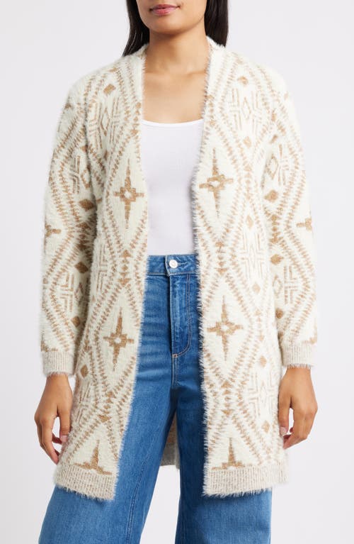 Bobeau Pattern Eyelash Cardigan in Ivory/Brown Mix 