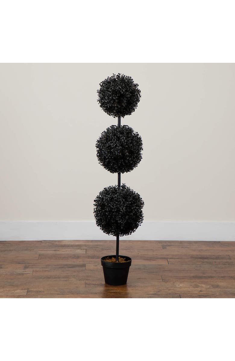 NEARLY NATURAL 4-ft UV Resistant Artificial Halloween Black Triple Ball Boxwood Topiary, Alternate, color, Black