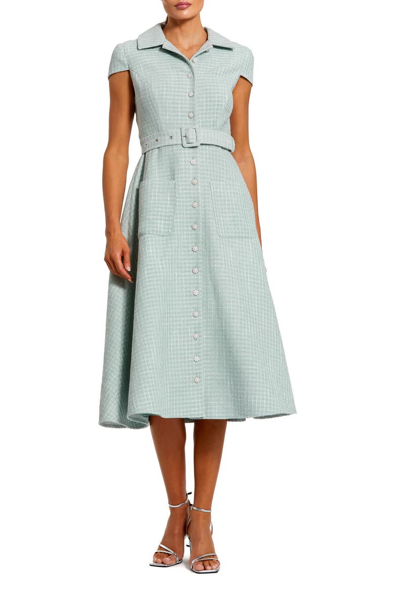 Women's Belted Boucle Cap Sleeve Button Up Midi Dress, Main, color, Seafoam
