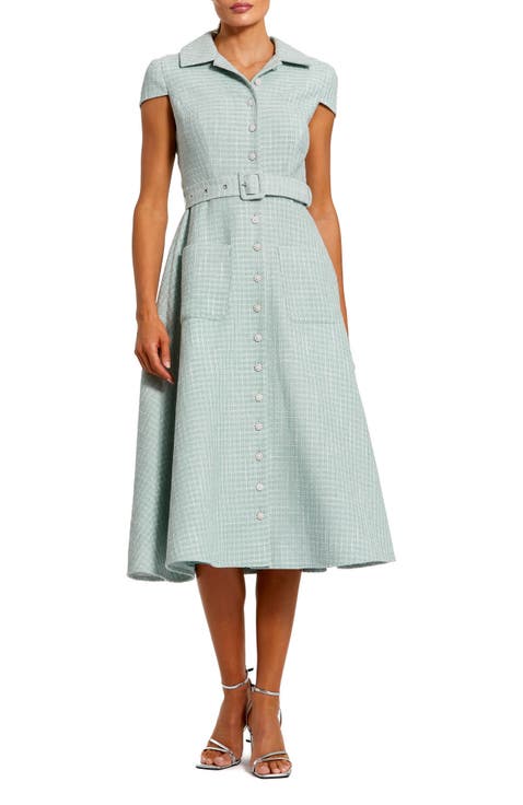 Women's Belted Boucle Cap Sleeve Button Up Midi Dress
