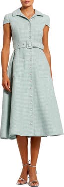 Mac Duggal Women's Belted Boucle Cap Sleeve Button Up Midi Dress