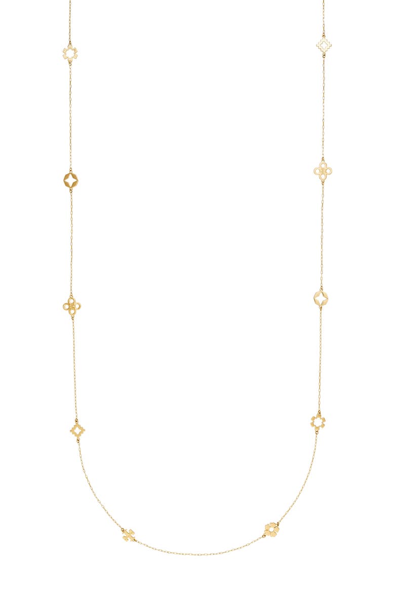 Tory Burch Long Forget Me Not Necklace, Alternate, color, Tory Gold